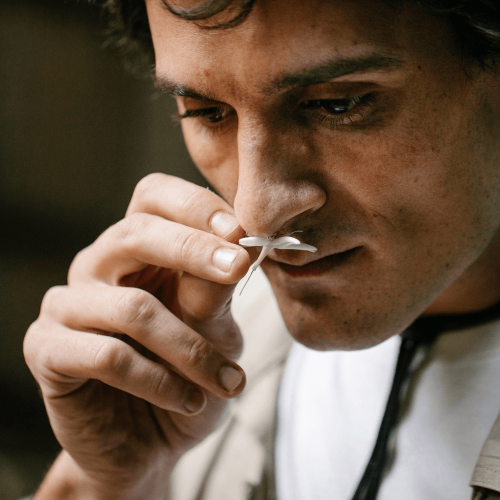 Homme sentant une fleur Atelier olfactif pour entreprise